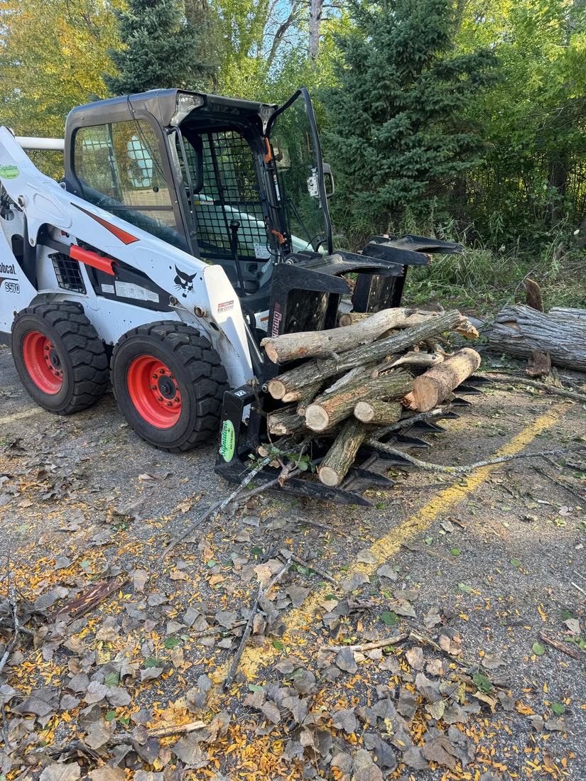 Skid steer hauling storm-damaged tree limbs during a fall cleanup