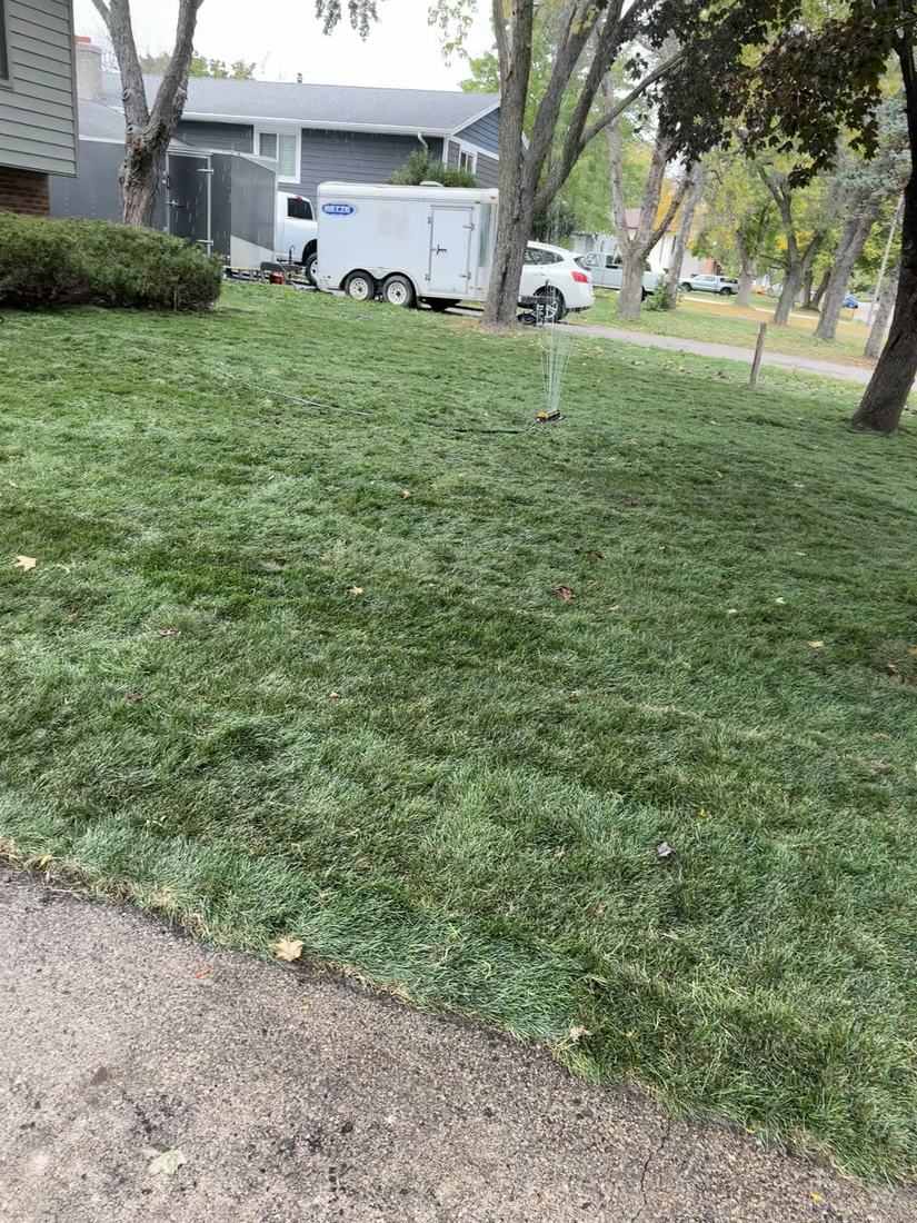 Freshly installed sod lawn being watered in after installation